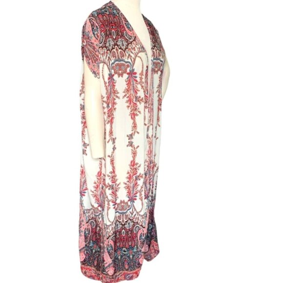 SB/Suzanne Betro BOHO Paisley Longline Vest Cover-up Kimono Sz M #129E - Picture 2 of 6